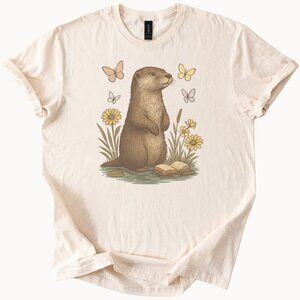 Otter Reading Shirt Cute Animal Graphic Tee with Butterflies and Flowers Art